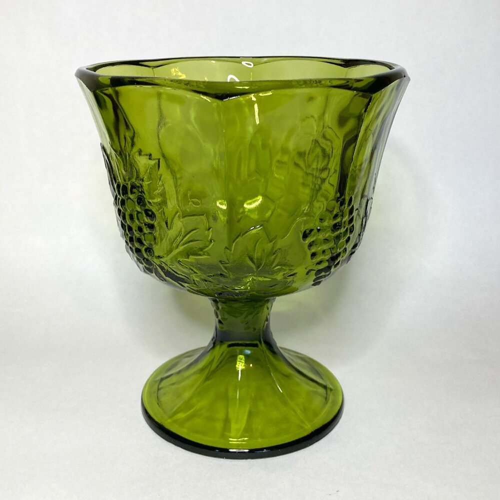 Vintage Indiana Glass Harvest Grape Green Pedestal Bowl